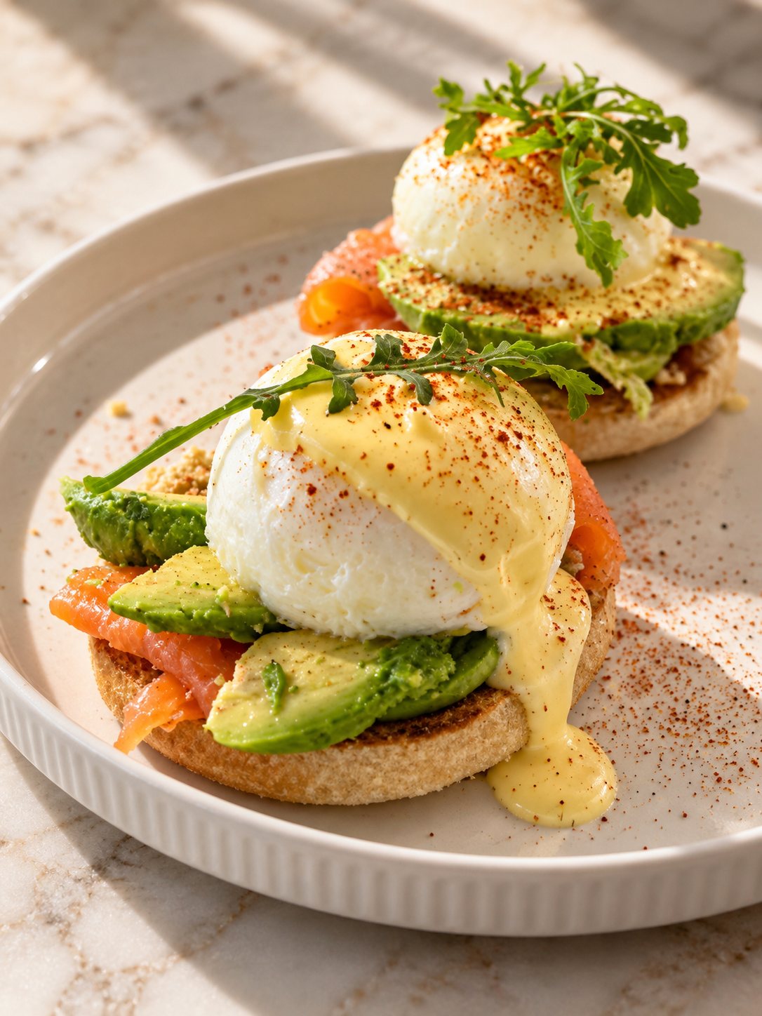 Eggs Benedict with smoked salmon, avocado and hollandaise on a toasted English muffin, made to order at Oak Manor guest house in Newlands, Cape Town