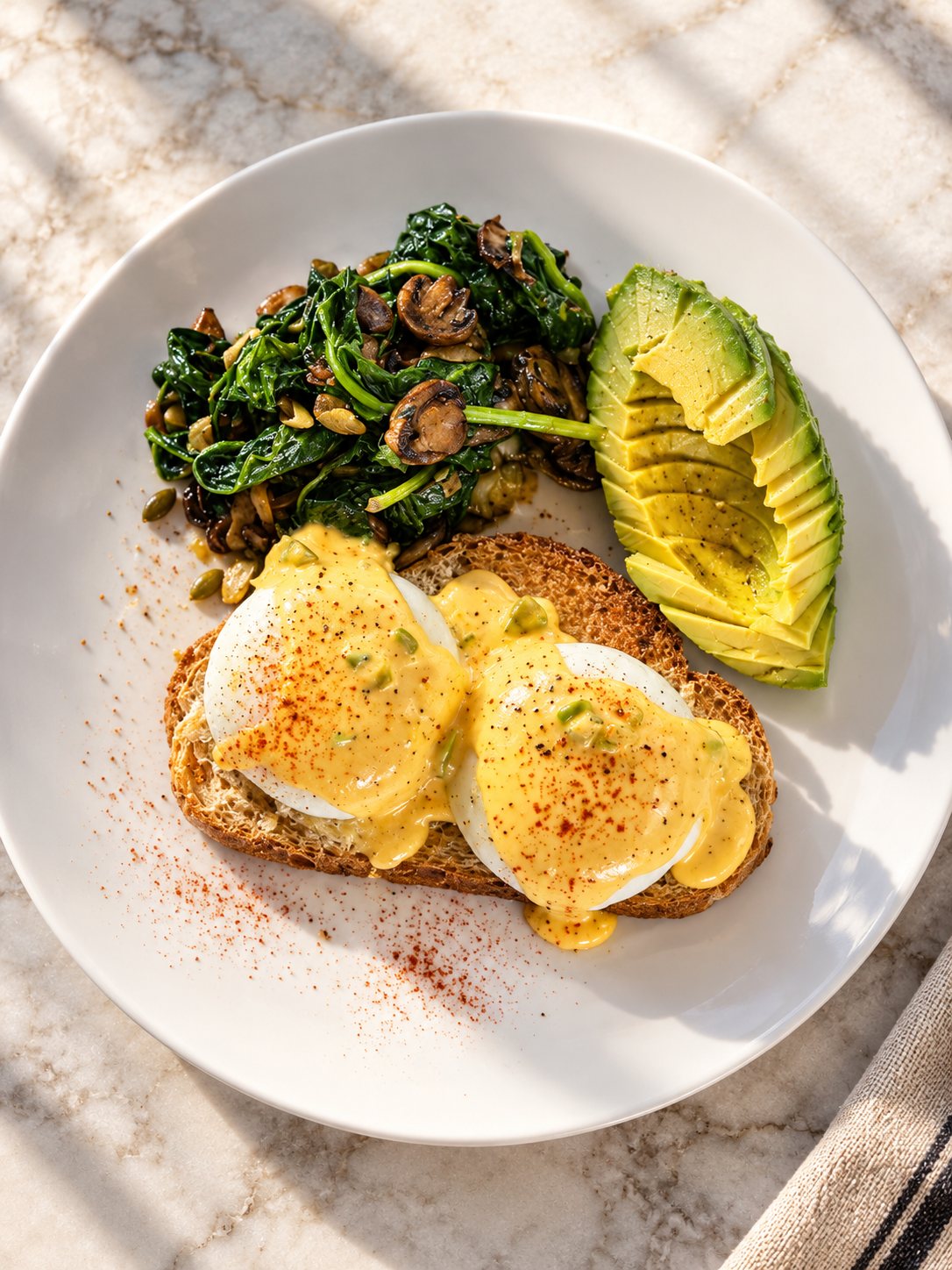 Eggs Benedict on toasted sourdough with sautéed spinach, mushrooms and avocado at Oak Manor guest house in Newlands