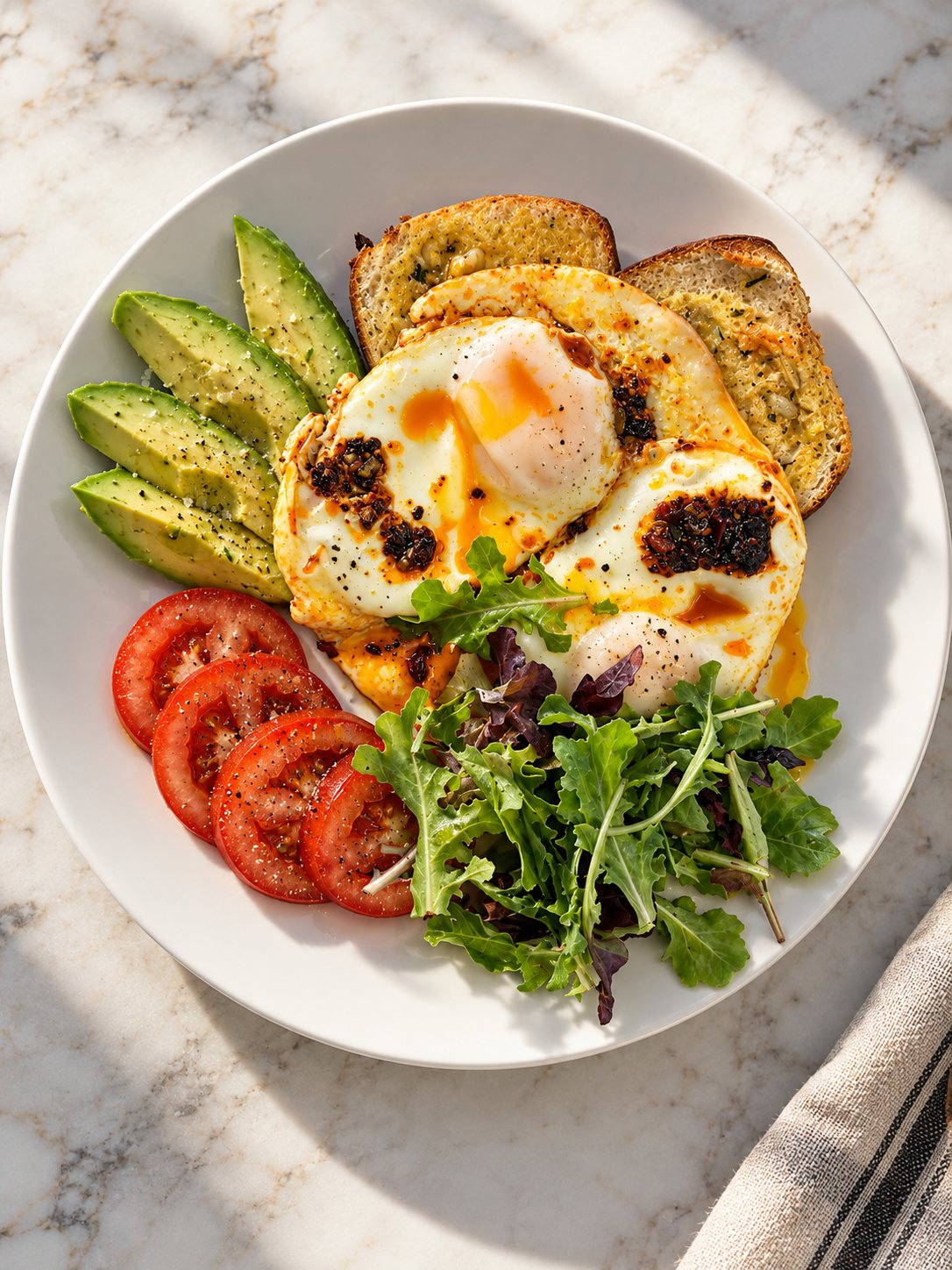 Fried eggs with chilli oil, avocado, tomato, rocket salad and herb toast for breakfast at Oak Manor guest house in Newlands
