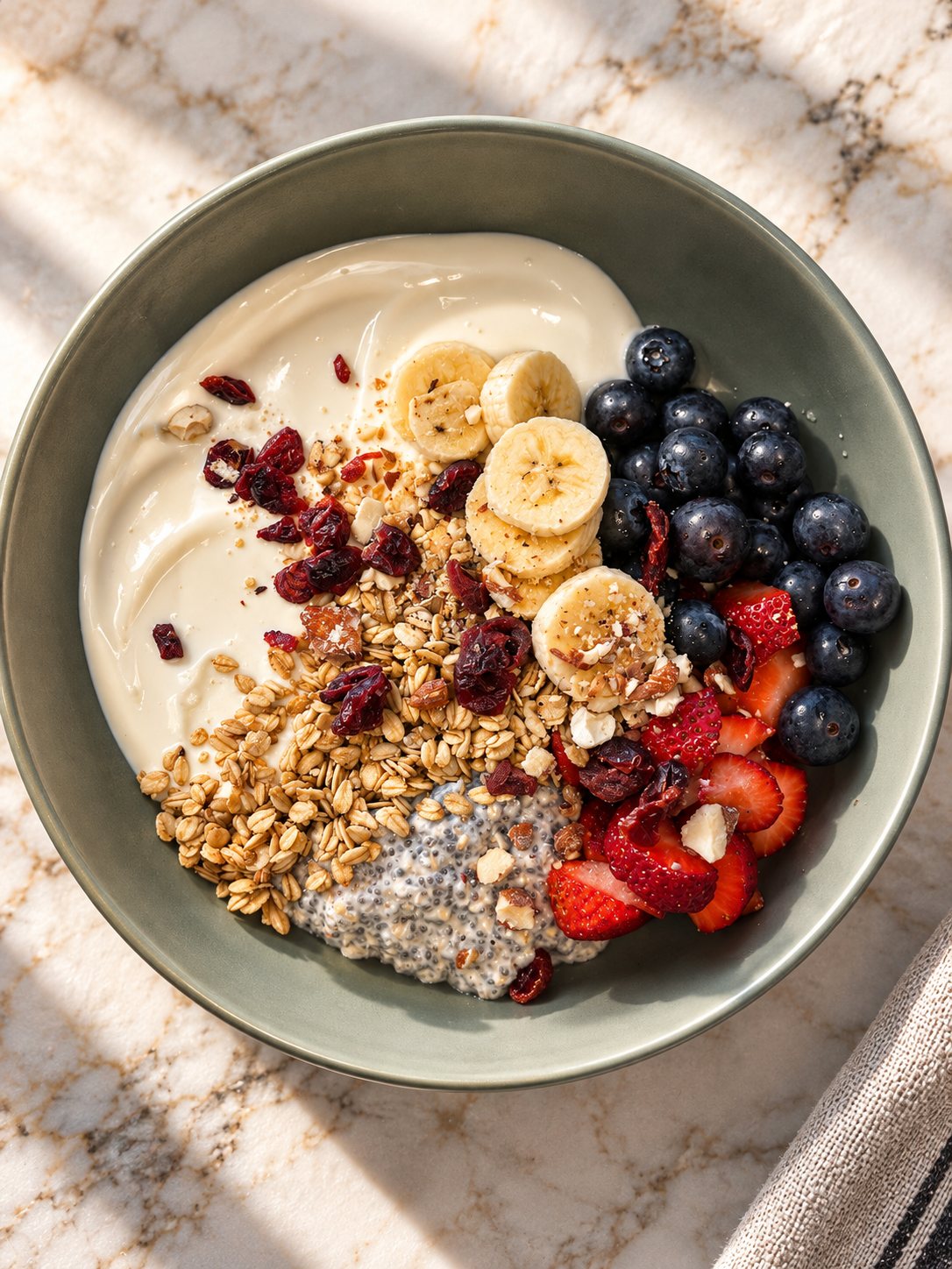 Greek yoghurt bowl with chia pudding, granola, blueberries, strawberries and banana at Oak Manor guest house in Newlands