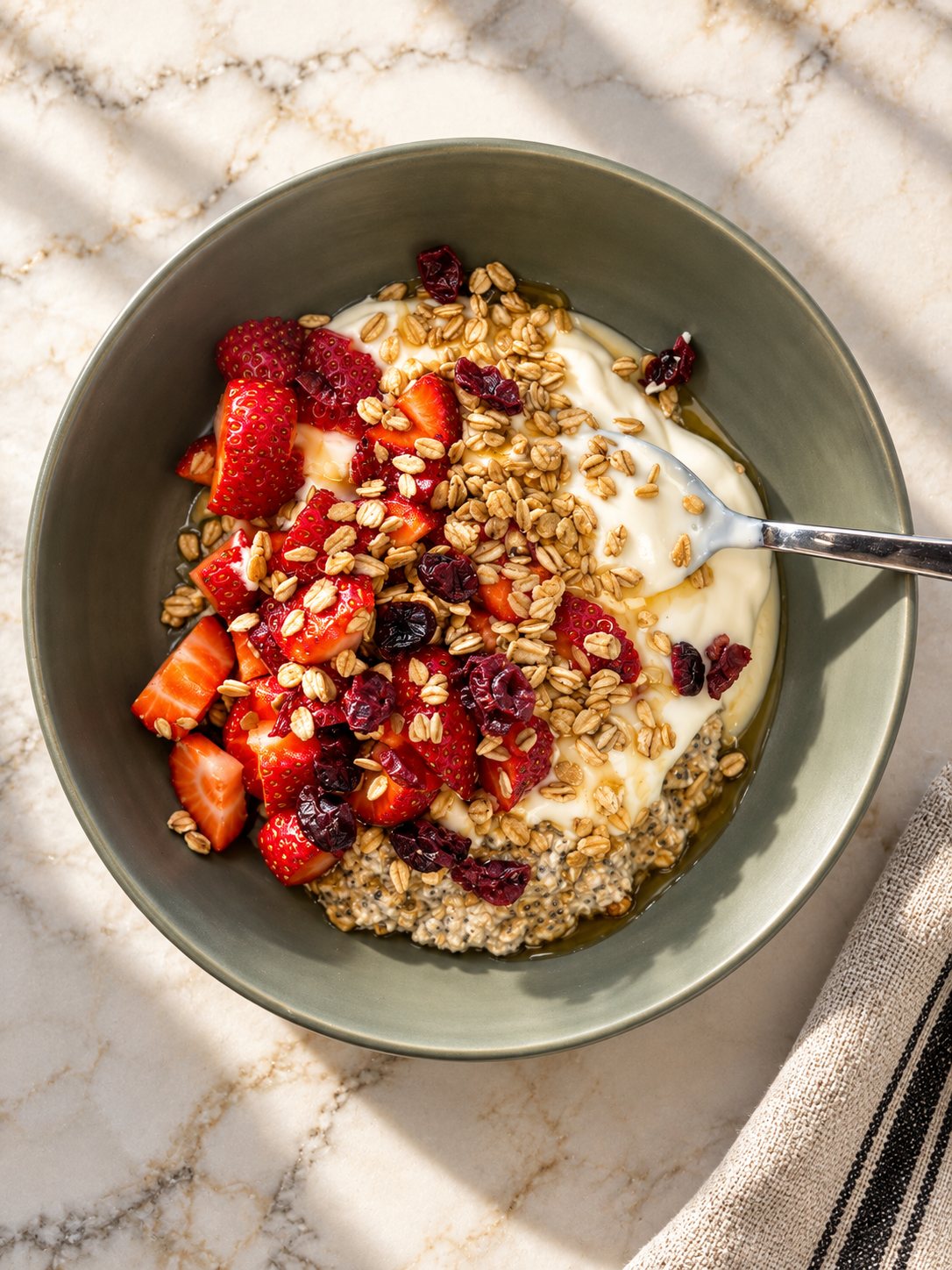 Yoghurt with fresh strawberries, granola, cranberries and honey over overnight oats at Oak Manor guest house in Newlands