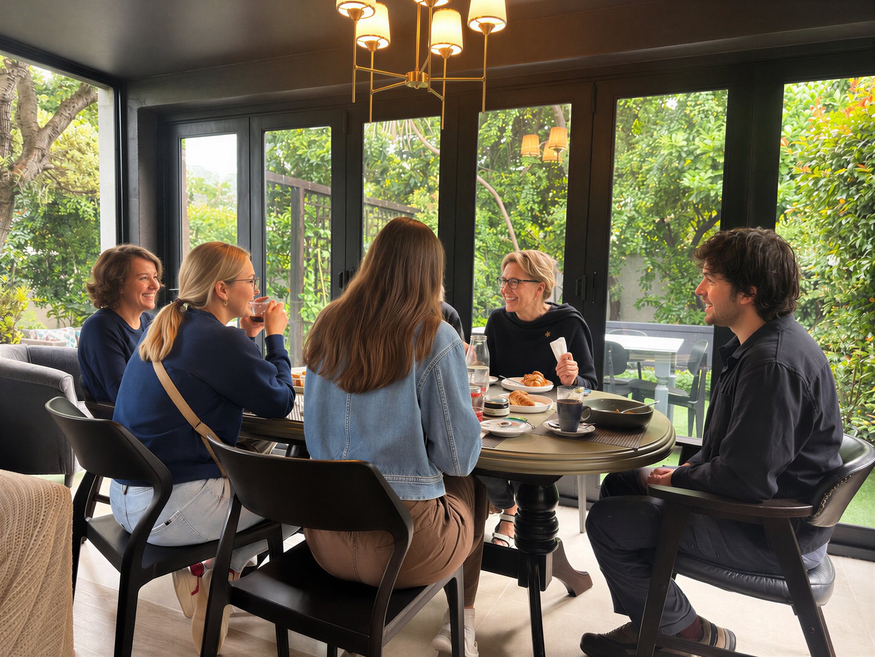 Guests chatting over coffee and croissants at the breakfast table in the garden dining room at Oak Manor guest house in Newlands, Cape Town